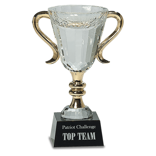 7 1/4" Crystal Cup with Gold Metal Handles on Solid Marble Base