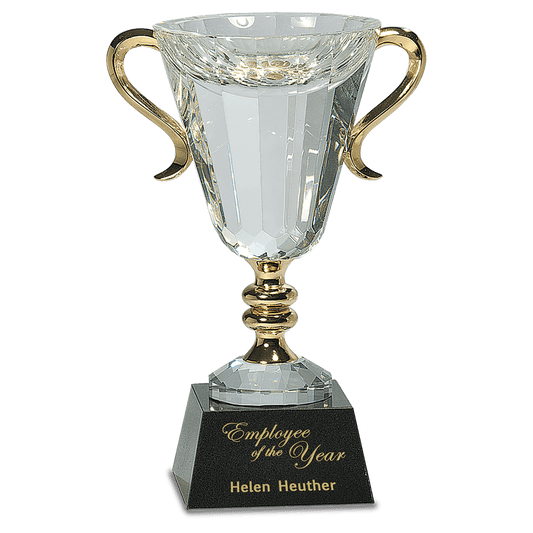 10" Crystal Cup with Gold Metal Handles on Solid Marble Base
