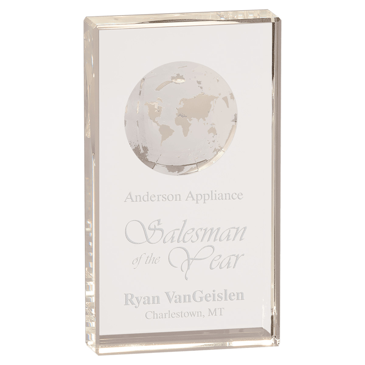 7" Crystal Rectangle with Etched Globe