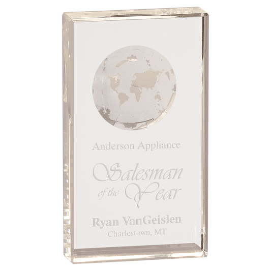 7" Crystal Rectangle with Etched Globe