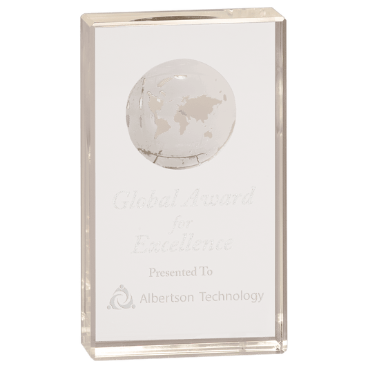6" Crystal Rectangle with Etched Globe