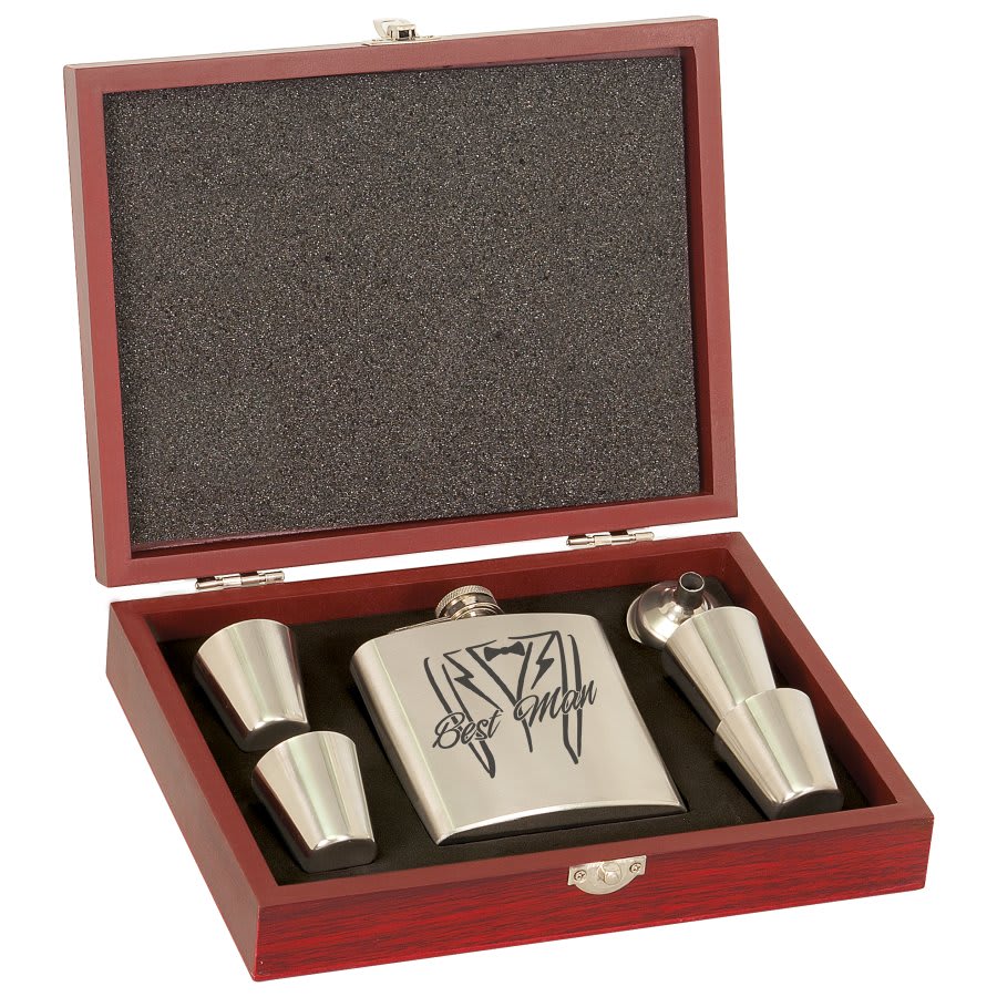 6 oz. Stainless Steel Flask Set in Rosewood Finish Box w/4 Shot Glasses & Funnel