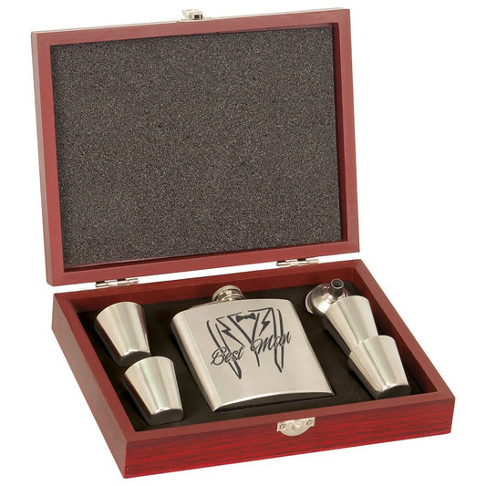 6 oz. Stainless Steel Flask Set in Rosewood Finish Box w/4 Shot Glasses & Funnel