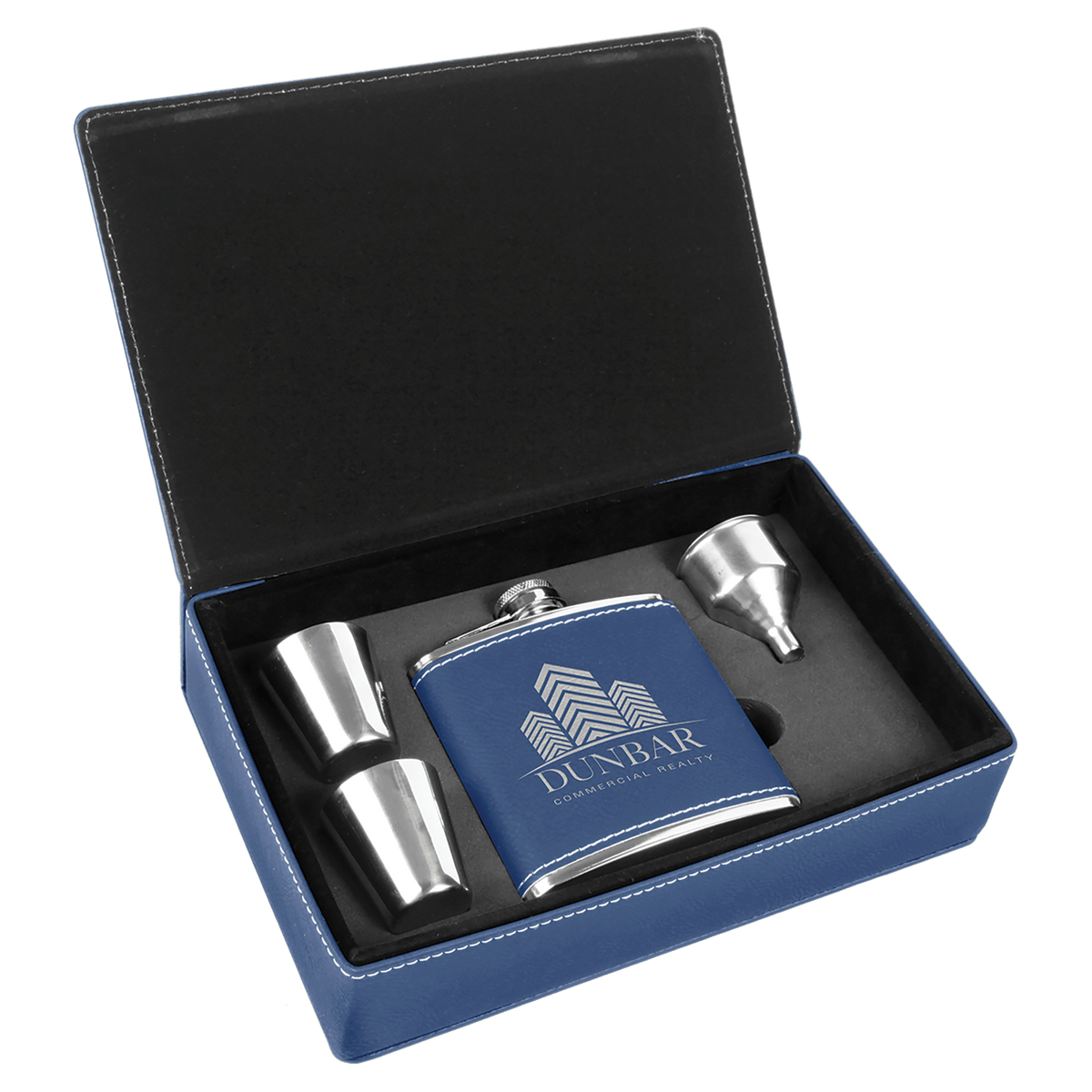 Blue/Silver 6 oz. Leatherette Flask Set