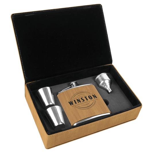 Bamboo Leatherette Flask Set