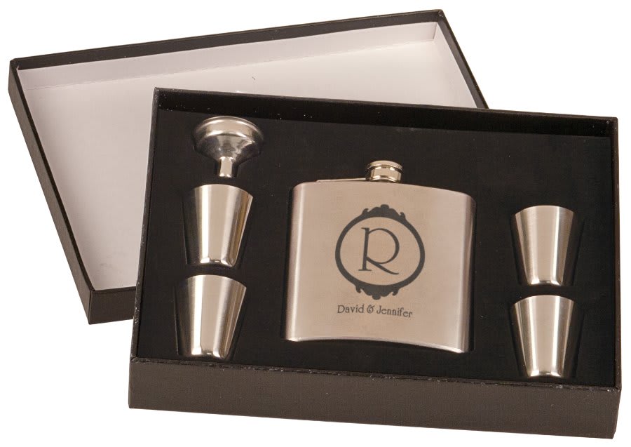 6 oz. Stainless Steel Flask Set in Black Box w/4 Shot Glasses & Funnel