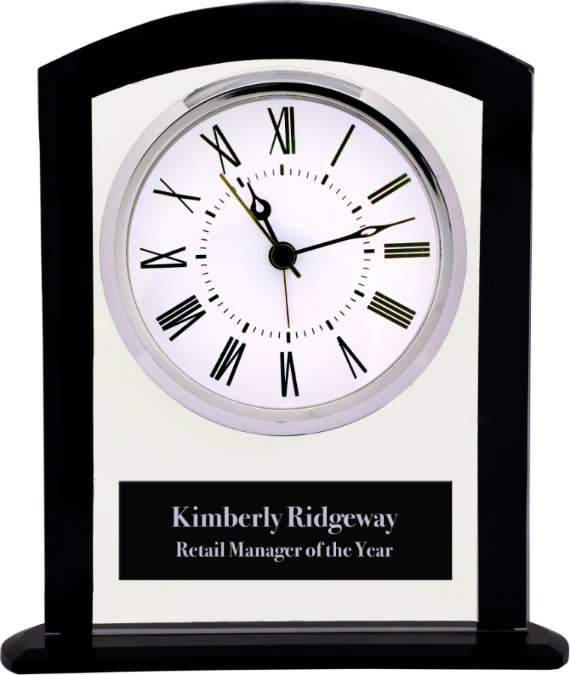 Square Arch Glass Clock with Black Border and Base