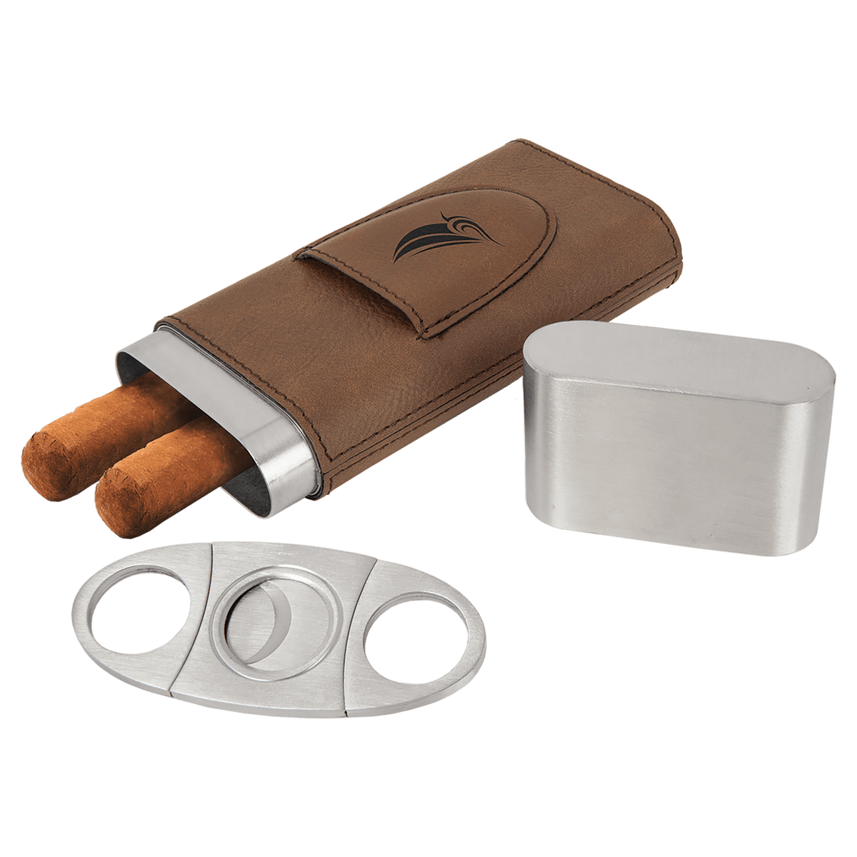 Dark Brown Leatherette Wrapped Stainless Steel Cigar Case with Cutter