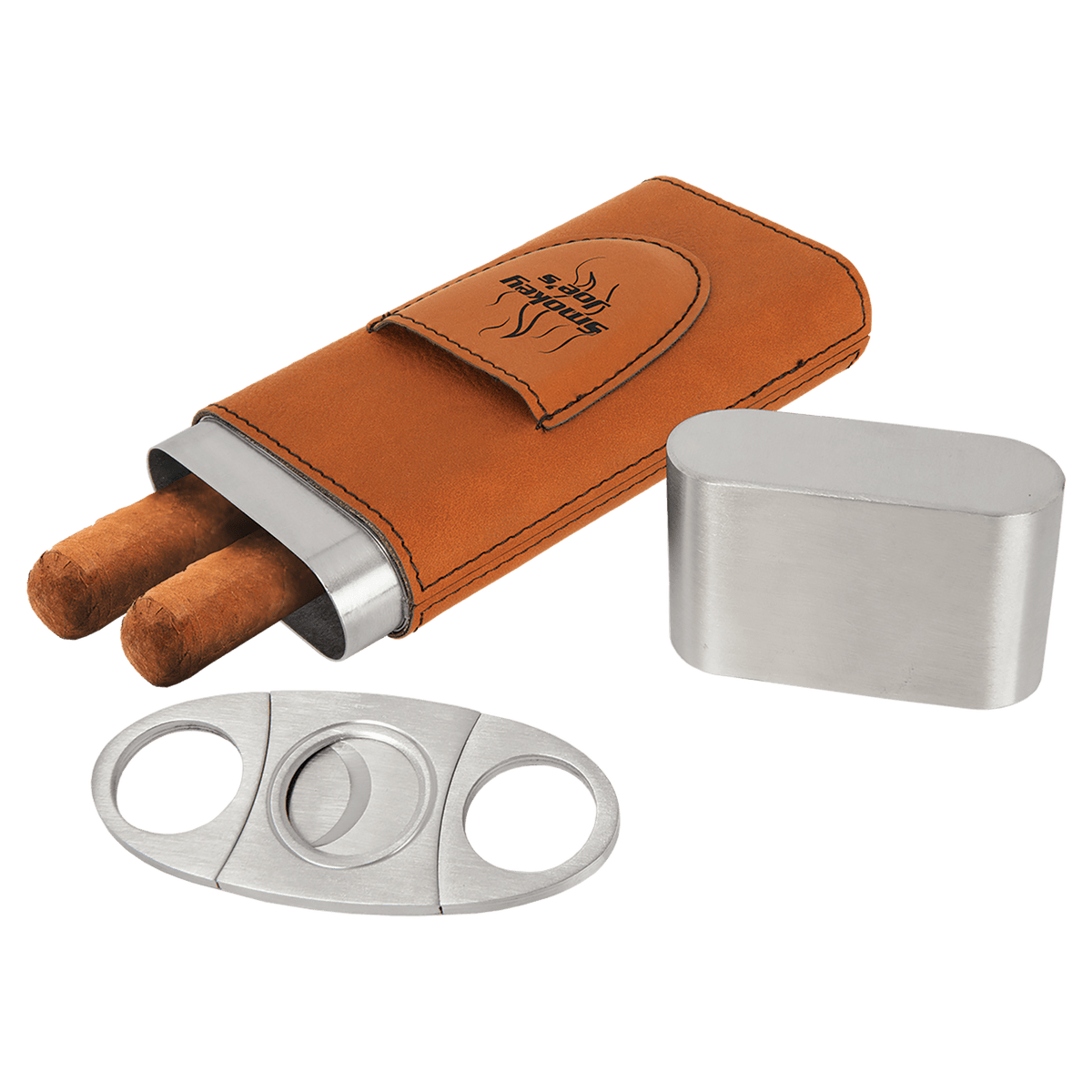 Rawhide Leatherette Wrapped Stainless Steel Cigar Case with Cutter