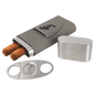 Gray Leatherette Wrapped Stainless Steel Cigar Case with Cutter