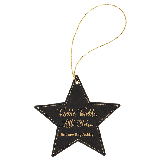 Black/Gold Laserable Leatherette Star Ornament with Gold String
