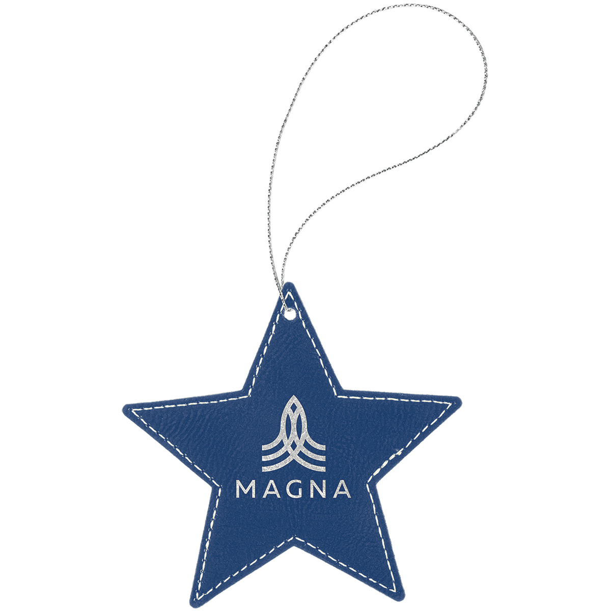 Blue/Silver Laserable Leatherette Star Ornament with Silver String