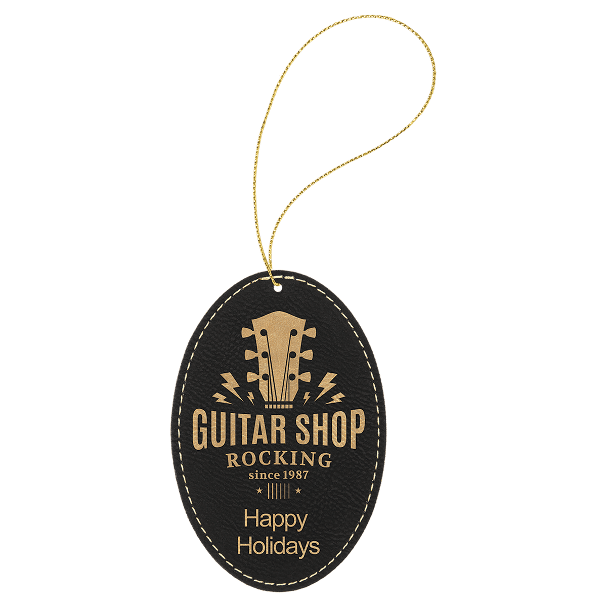 Black/Gold  Laserable Leatherette Oval Ornament with Gold String