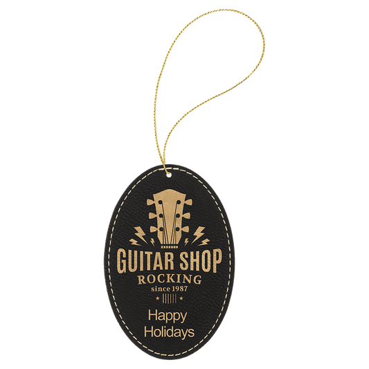 Black/Gold  Laserable Leatherette Oval Ornament with Gold String