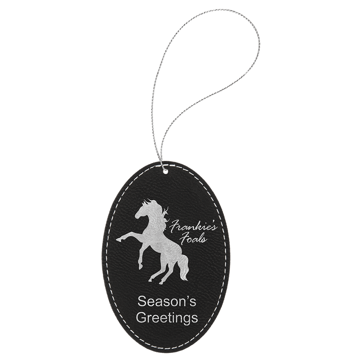 Black/Silver  Laserable Leatherette Oval Ornament with Silver String