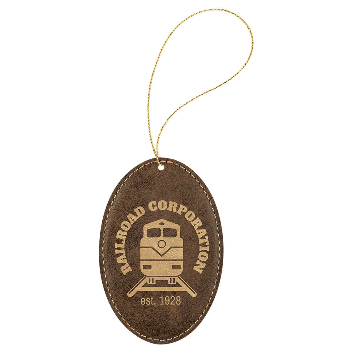 Rustic/Gold  Laserable Leatherette Oval Ornament with Gold String