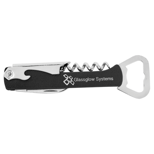 Black/Silver Leatherette Corkscrew Bottle Opener