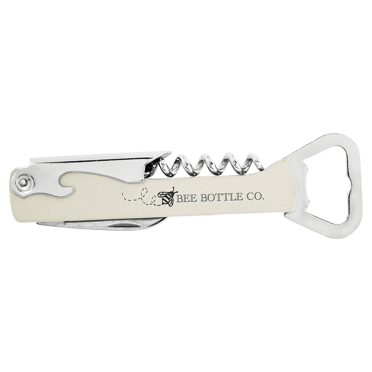 White Leatherette Corkscrew Bottle Opener