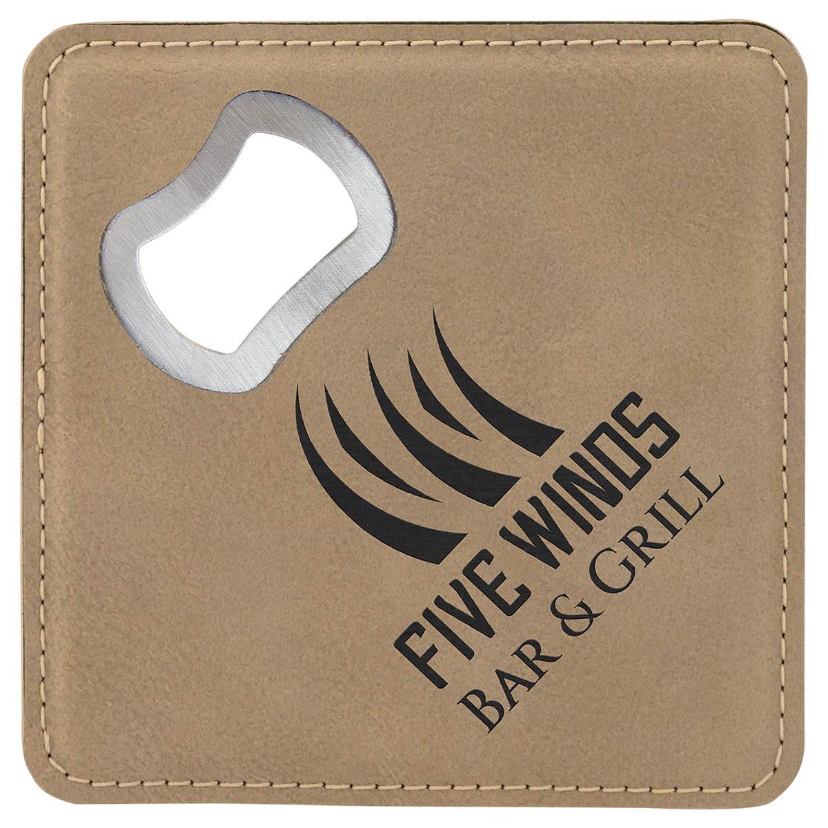 Light Brown Lasered Leatherette Coaster with Bottle Opener