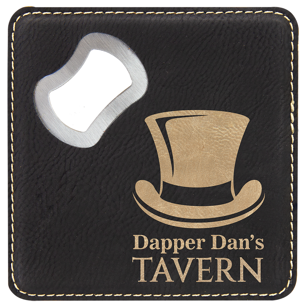 Black/Gold Lasered Leatherette Coaster with Bottle Opener