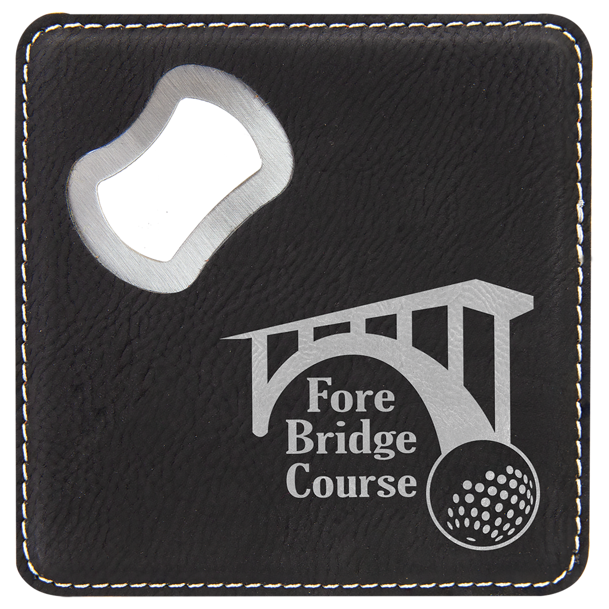 Black/Silver Lasered Leatherette Coaster with Bottle Opener