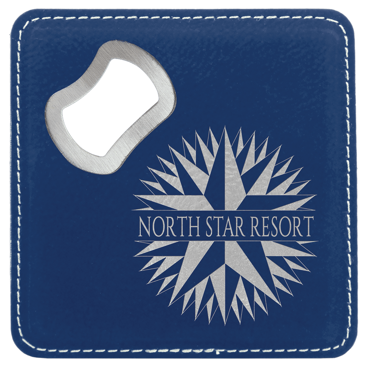 Blue/Silver Lasered Leatherette Coaster with Bottle Opener