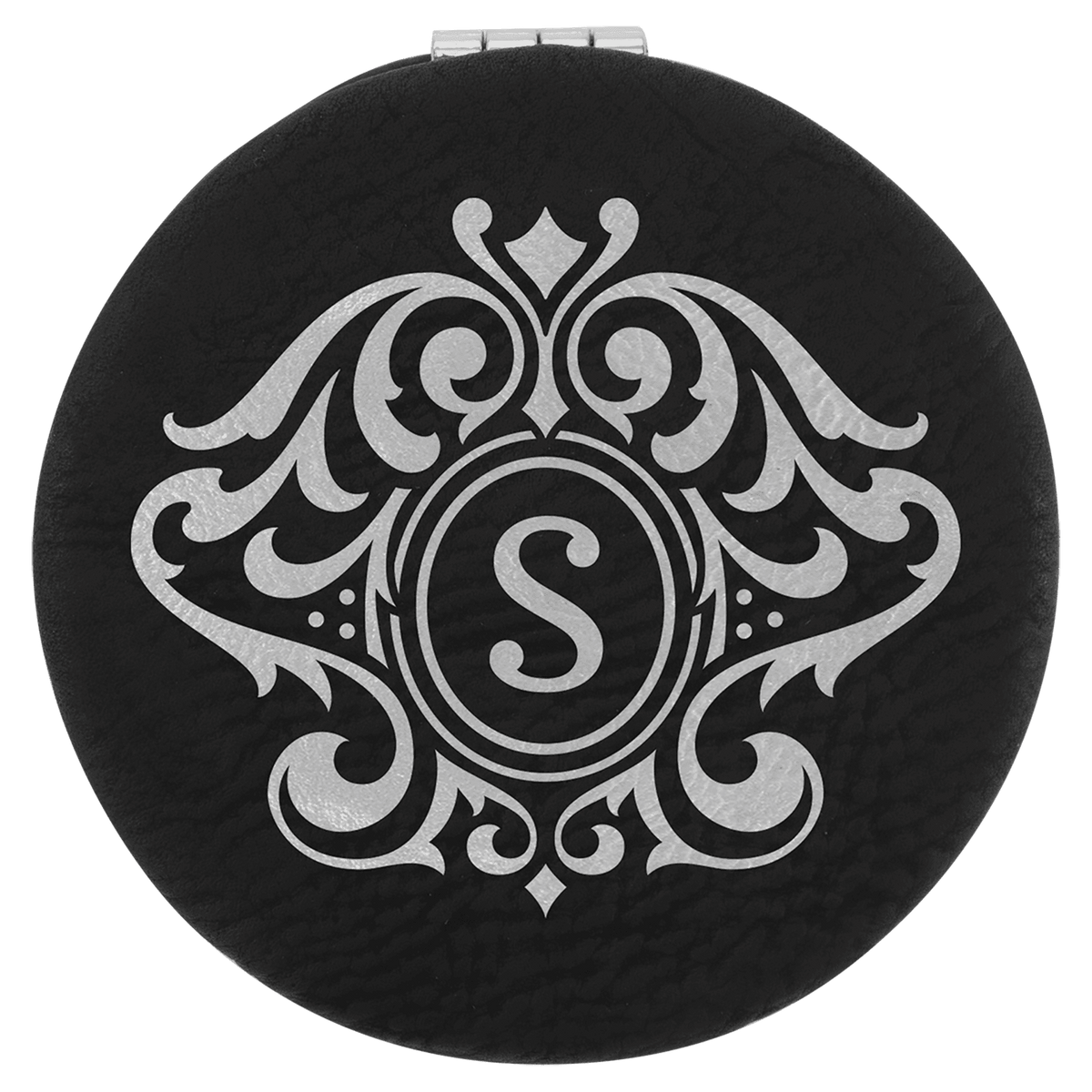 Black/Silver Lasered Leatherette Compact Mirror