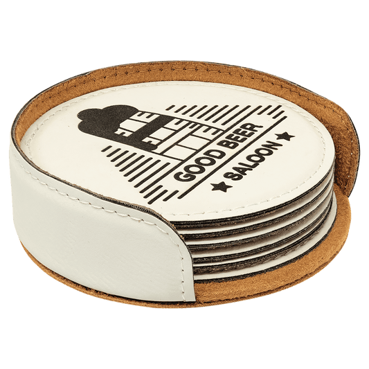 White Leatherette Round 6 Coaster Set