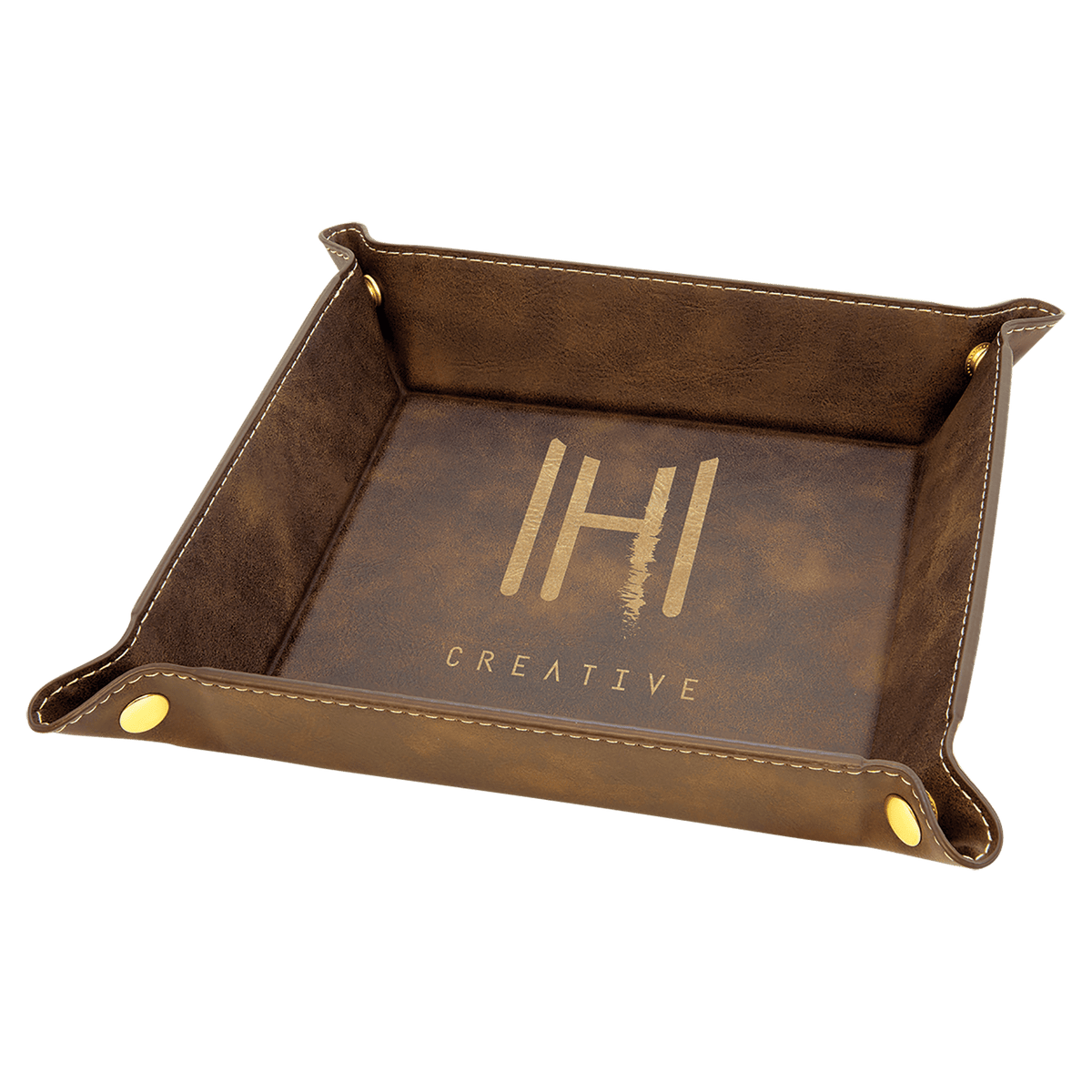 6" x 6" Rustic/Gold Laserable Leatherette Snap Up Tray with Silver Snaps
