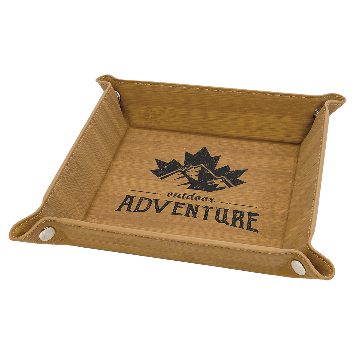 6" x 6" Bamboo Laserable Leatherette Snap Up Tray with Silver Snaps