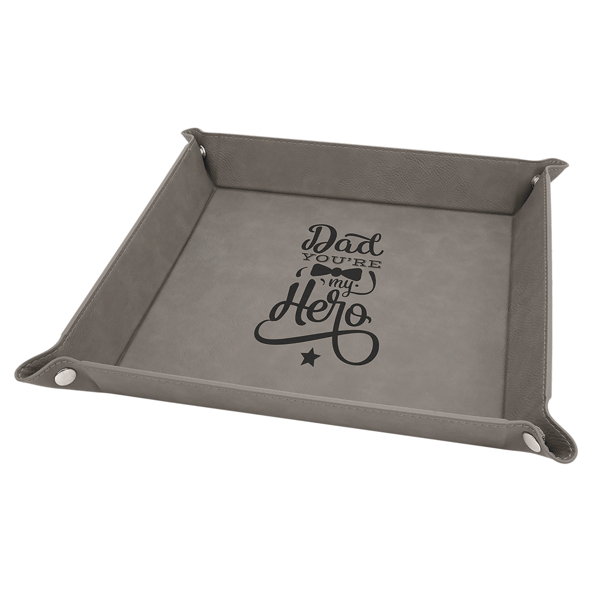 9" x 9" Gray Laserable Leatherette Snap Up Tray with Silver Snaps