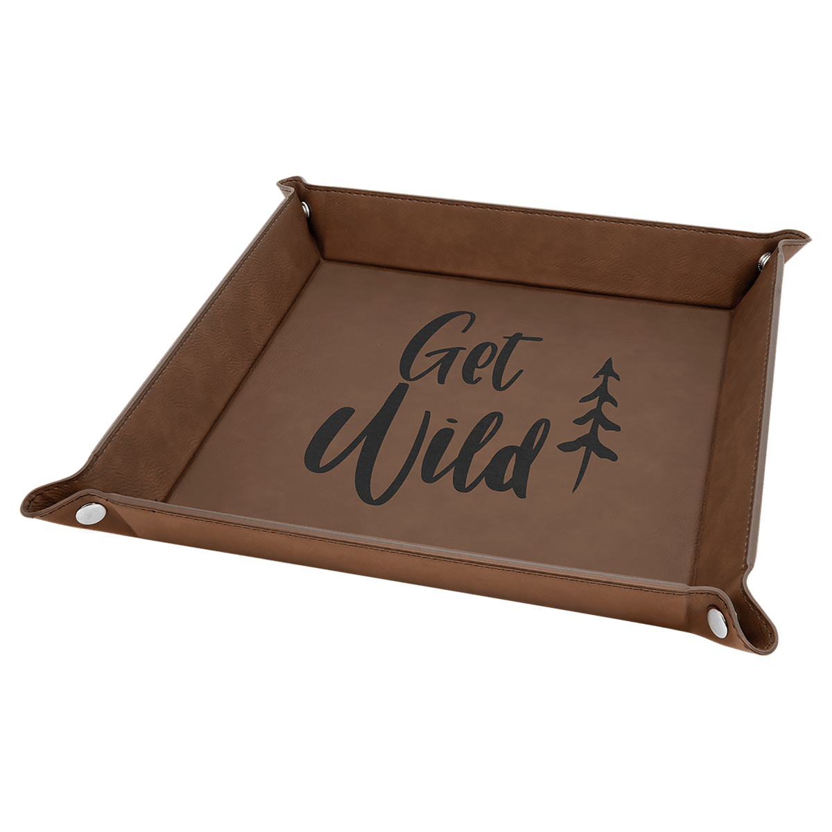 9" x 9" Dark Brown Laserable Leatherette Snap Up Tray with Silver Snaps