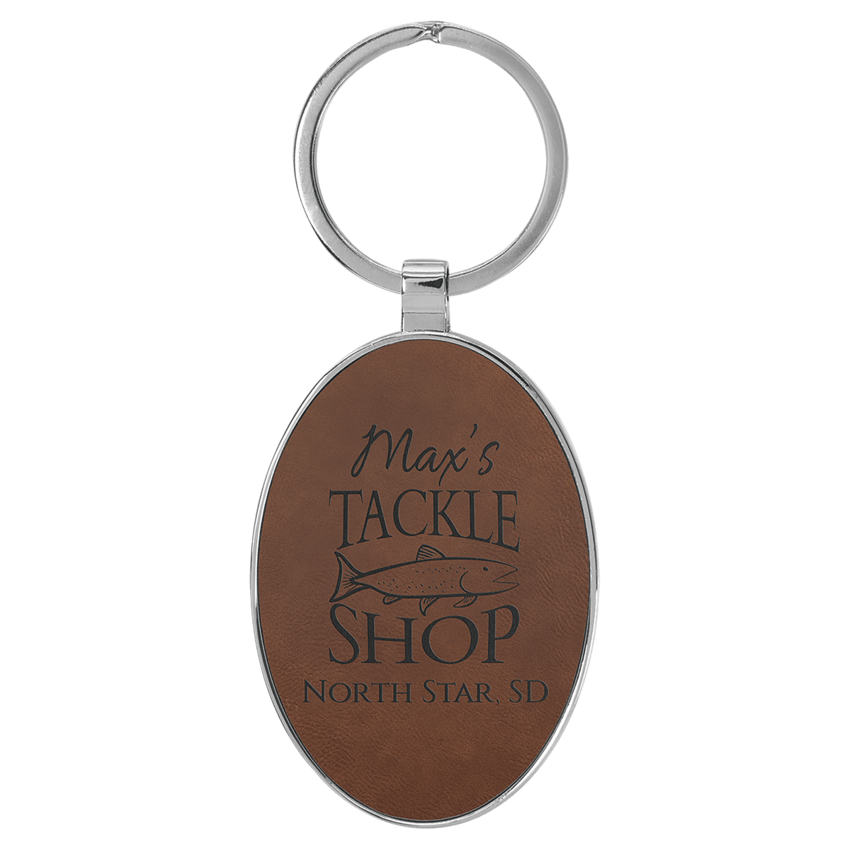 Dark Brown Lasered Leatherette/Metal Oval Keychain