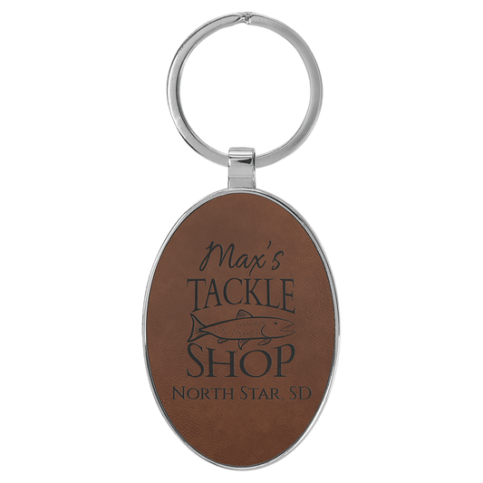 Dark Brown Lasered Leatherette/Metal Oval Keychain