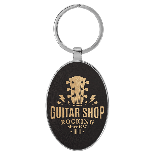 Black/Gold Lasered Leatherette/Metal Oval Keychain