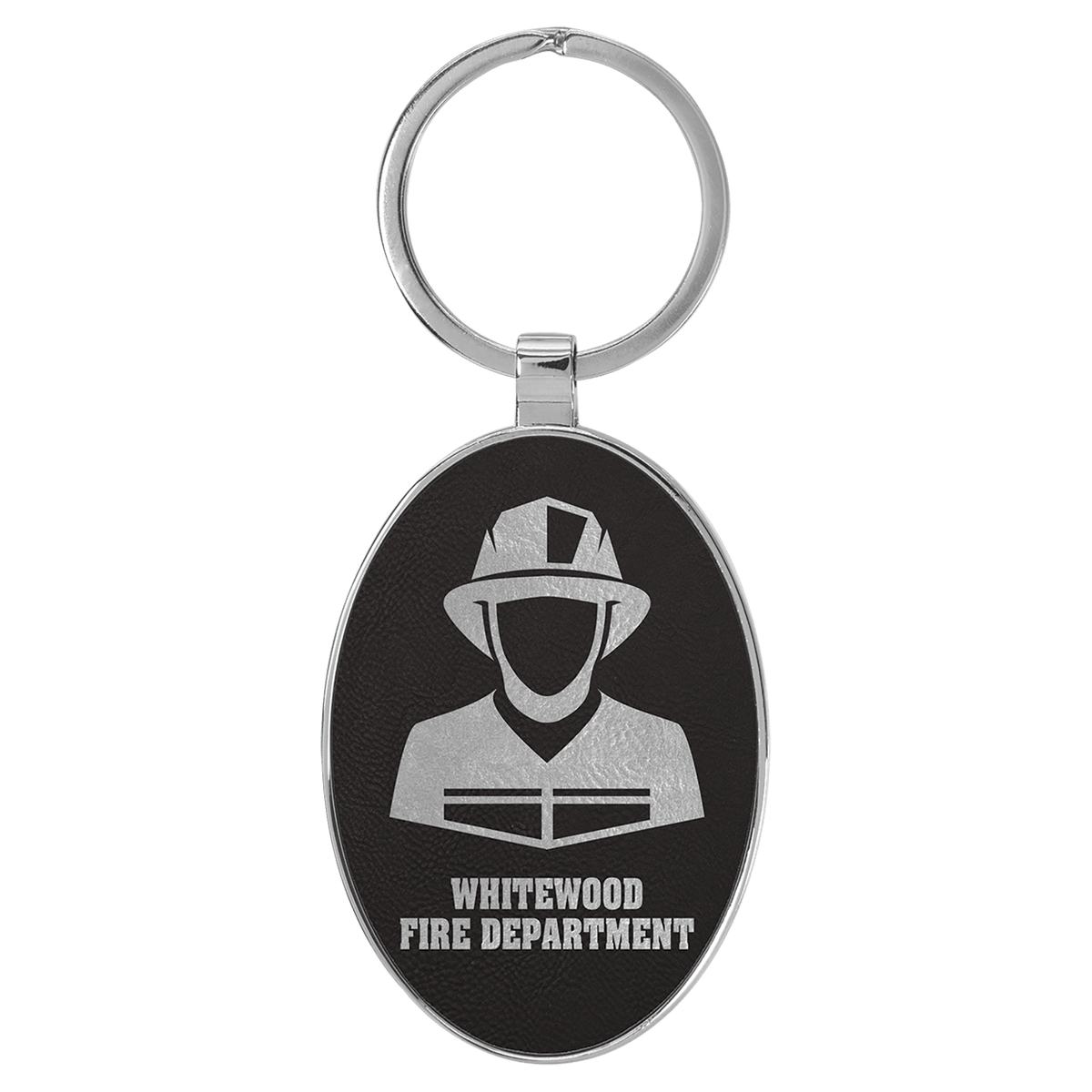 Black/Silver Lasered Leatherette/Metal Oval Keychain