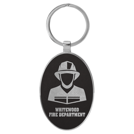 Black/Silver Lasered Leatherette/Metal Oval Keychain