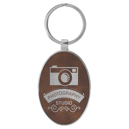 Rustic/Silver Lasered Leatherette/Metal Oval Keychain