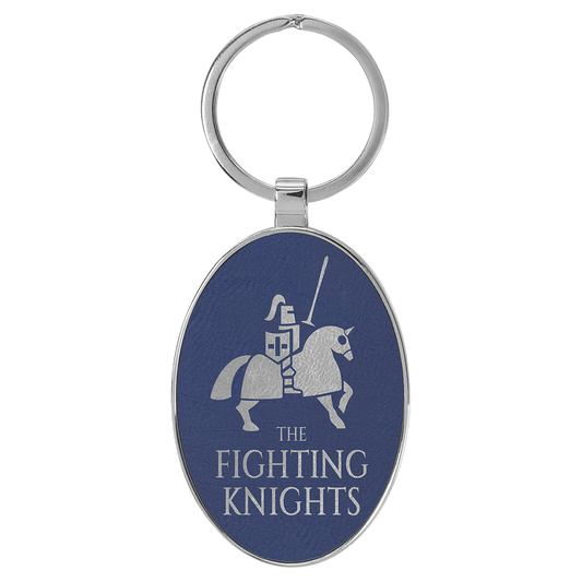 Blue/Silver Lasered Leatherette/Metal Oval Keychain