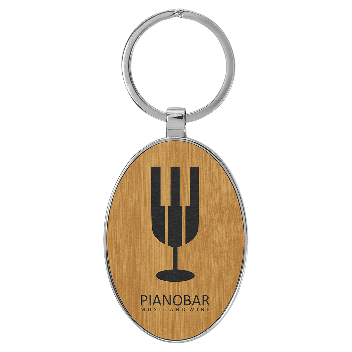 Bamboo Lasered Leatherette/Metal Oval Keychain