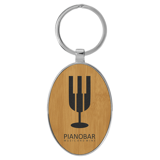 Bamboo Lasered Leatherette/Metal Oval Keychain