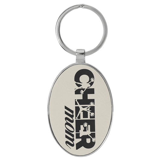 White Lasered Leatherette/Metal Oval Keychain
