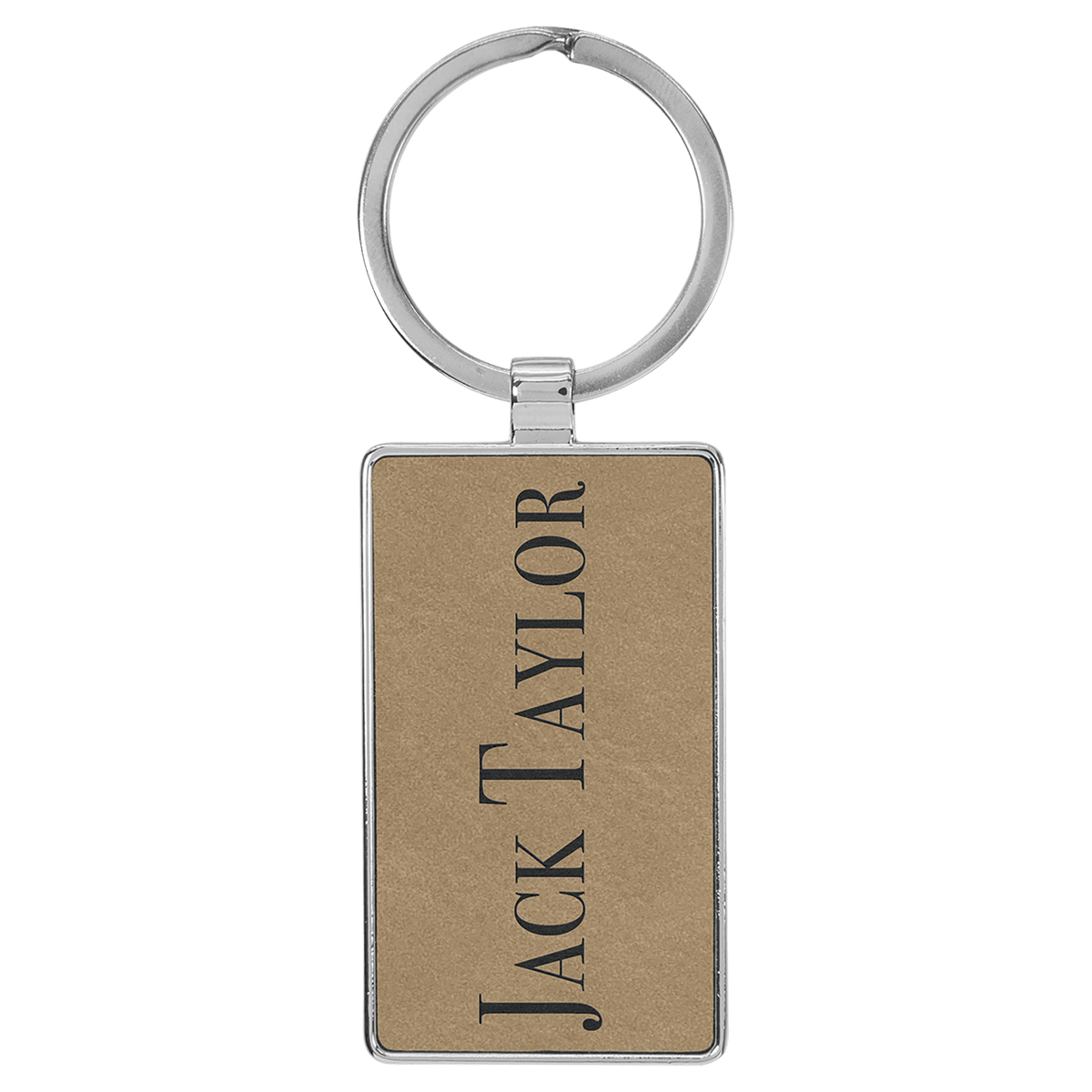 Light Brown Lasered Leatherette/Metal Rectangle Keychain