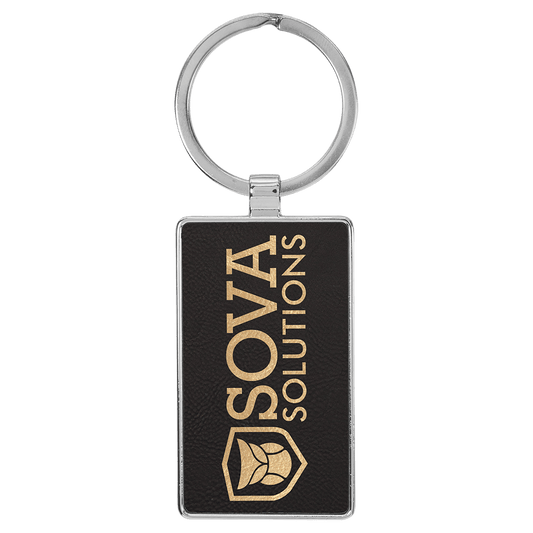 Black/Gold Lasered Leatherette/Metal Rectangle Keychain