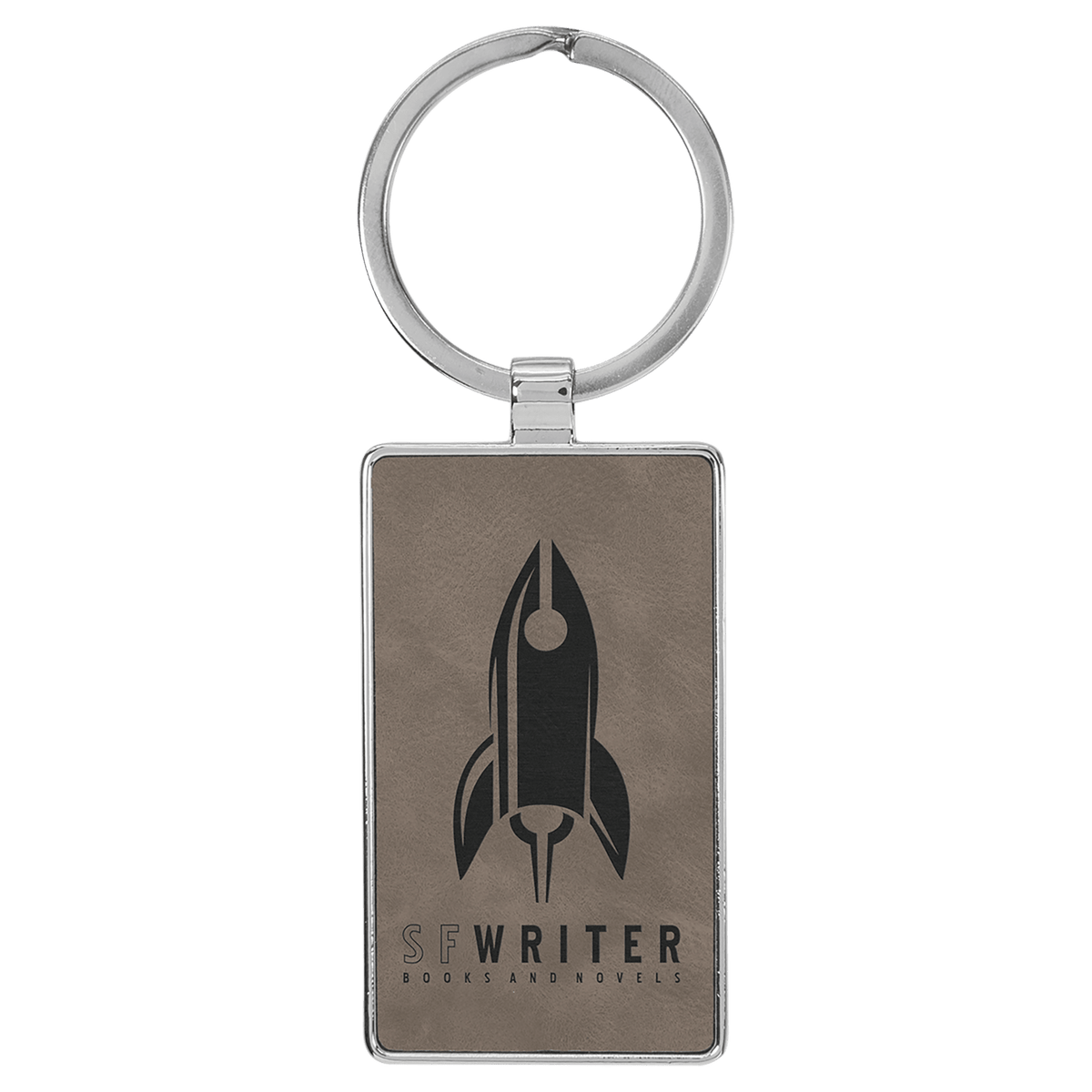 Gray Lasered Leatherette/Metal Rectangle Keychain