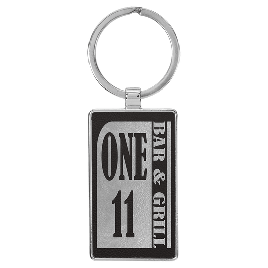 Black/Silver Lasered Leatherette/Metal Rectangle Keychain
