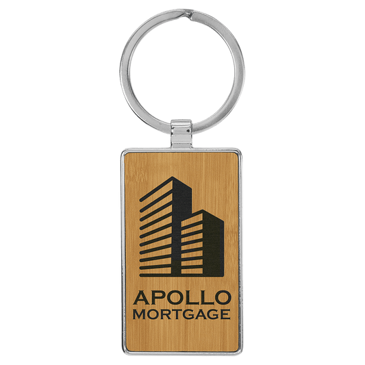 Bamboo Lasered Leatherette/Metal Rectangle Keychain
