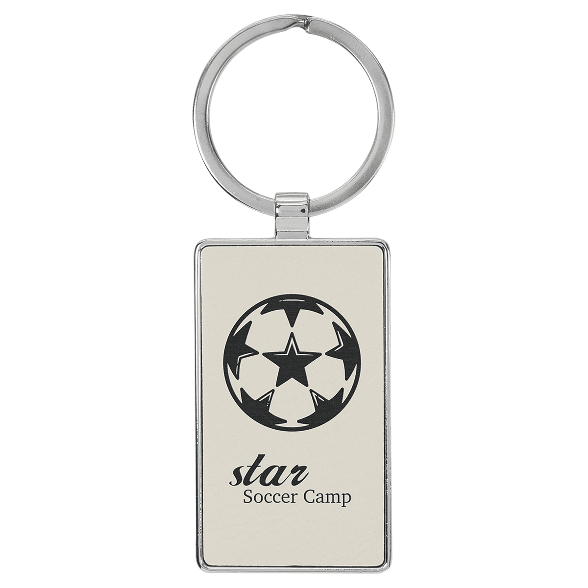 White Lasered Leatherette/Metal Rectangle Keychain