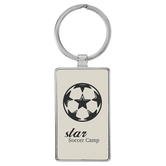 White Lasered Leatherette/Metal Rectangle Keychain