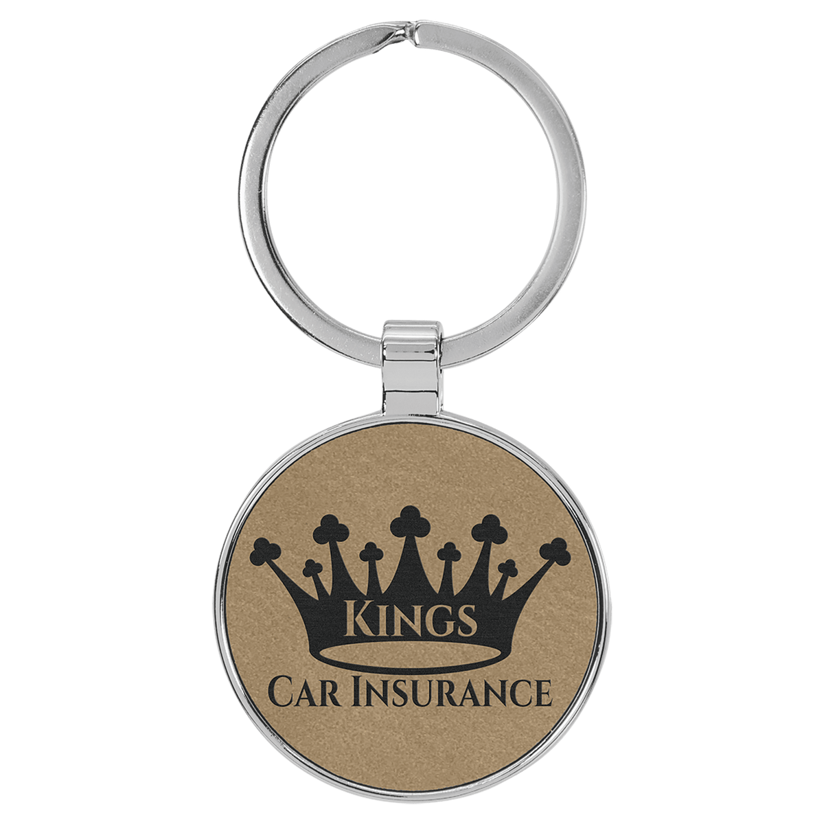 Light Brown Lasered Leatherette/Metal Round Keychain